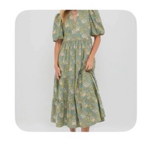 NWT Hyacinth House Floral Puff-Sleeve Tiered Dress in Green and Blue